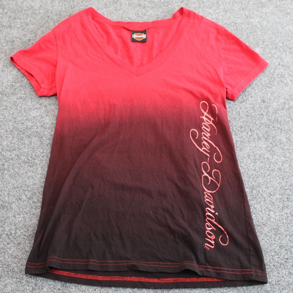 Harley Davidson Ombre V-Neck T-Shirt Red Black Frieze O'Fallon IL Bravado Size S